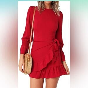 White Womens Long Sleeve Round Neck Ruffles Wrap Dresses Party Dress